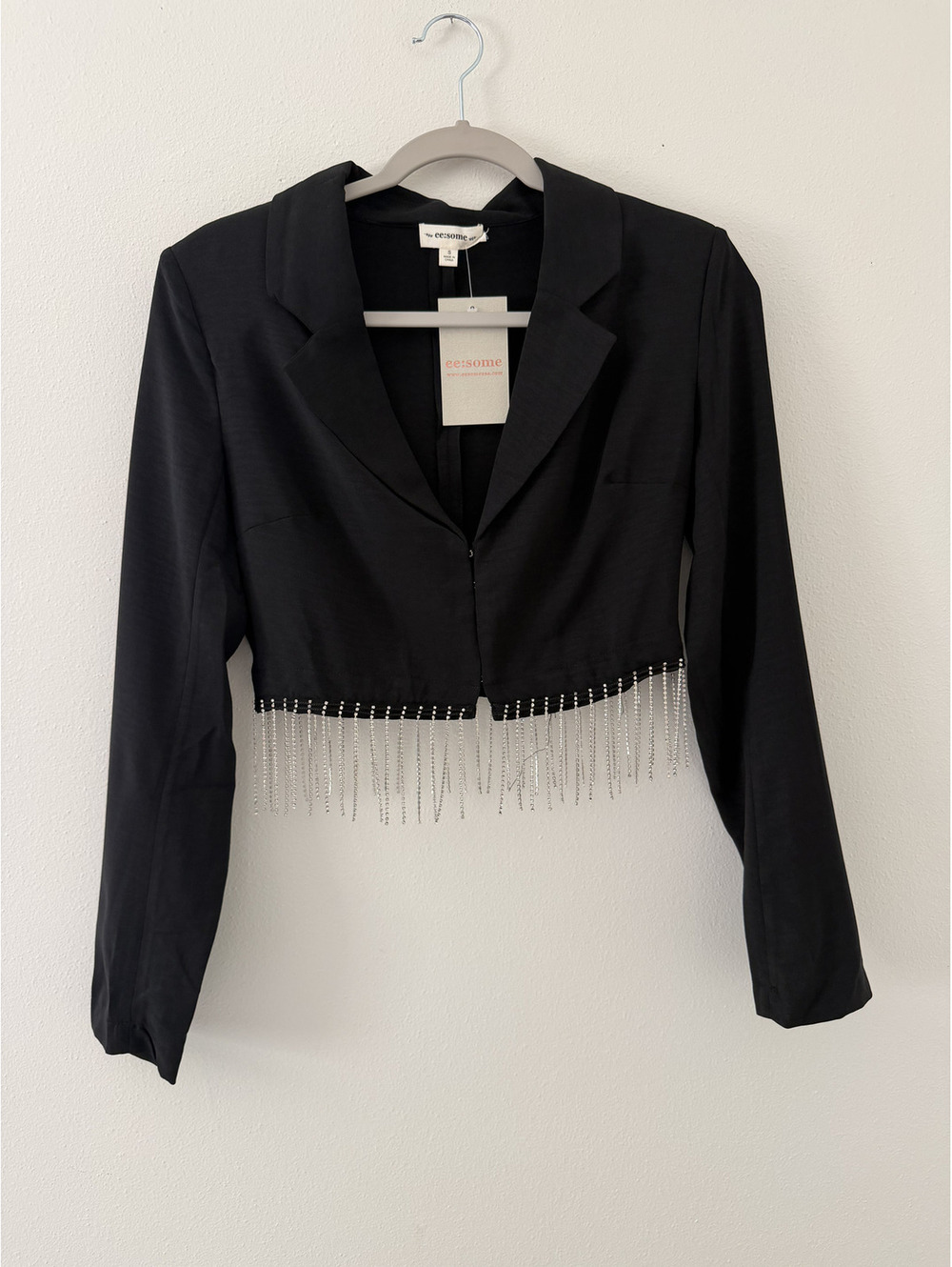 EE:some Silver Rhinestone Grunge Revival Fringe Mob Wife Crop Blazer size small - Picture 4 of 11
